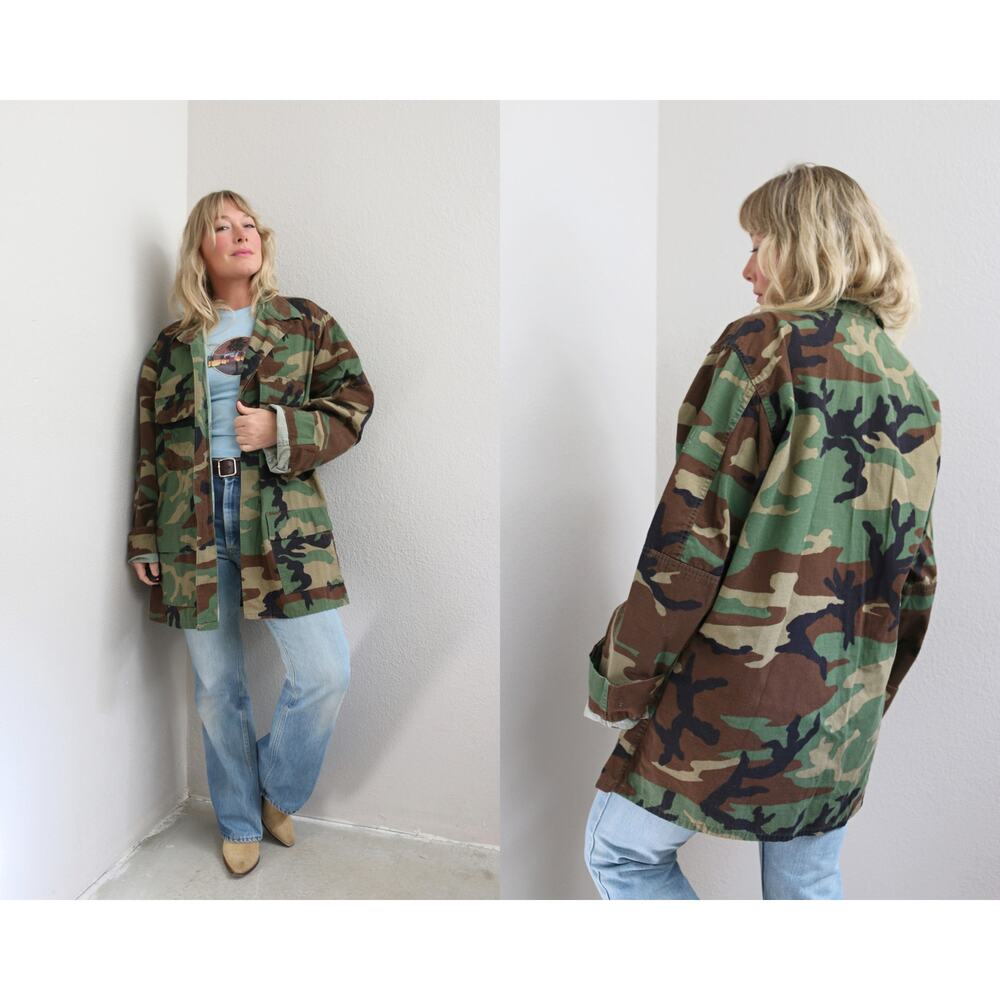 1990's Vintage M81 Woodland Ripstop Combat BDU Camo Jacket ~ Women's LG XL XXL